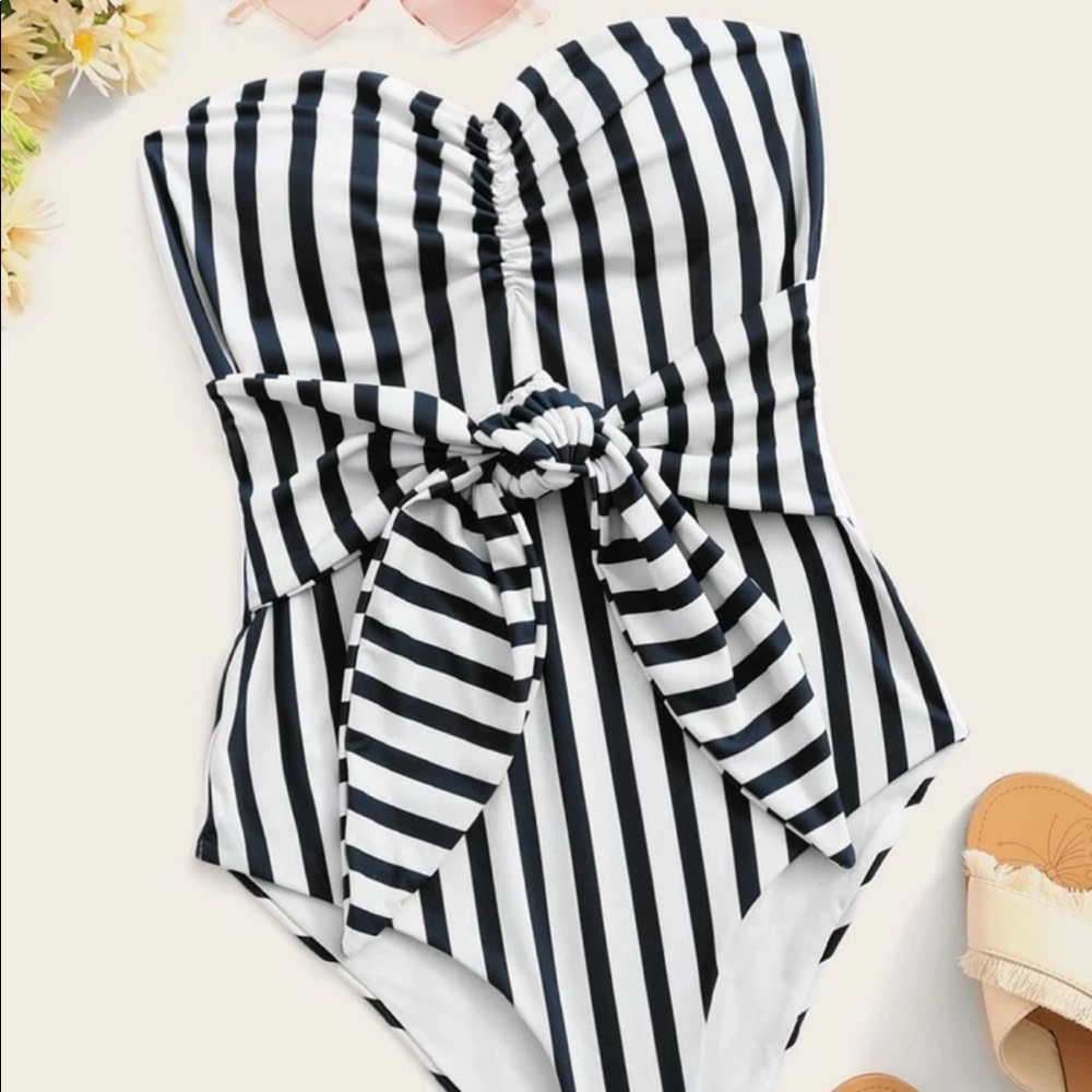 Brand New Black & White Striped Bathing Suit